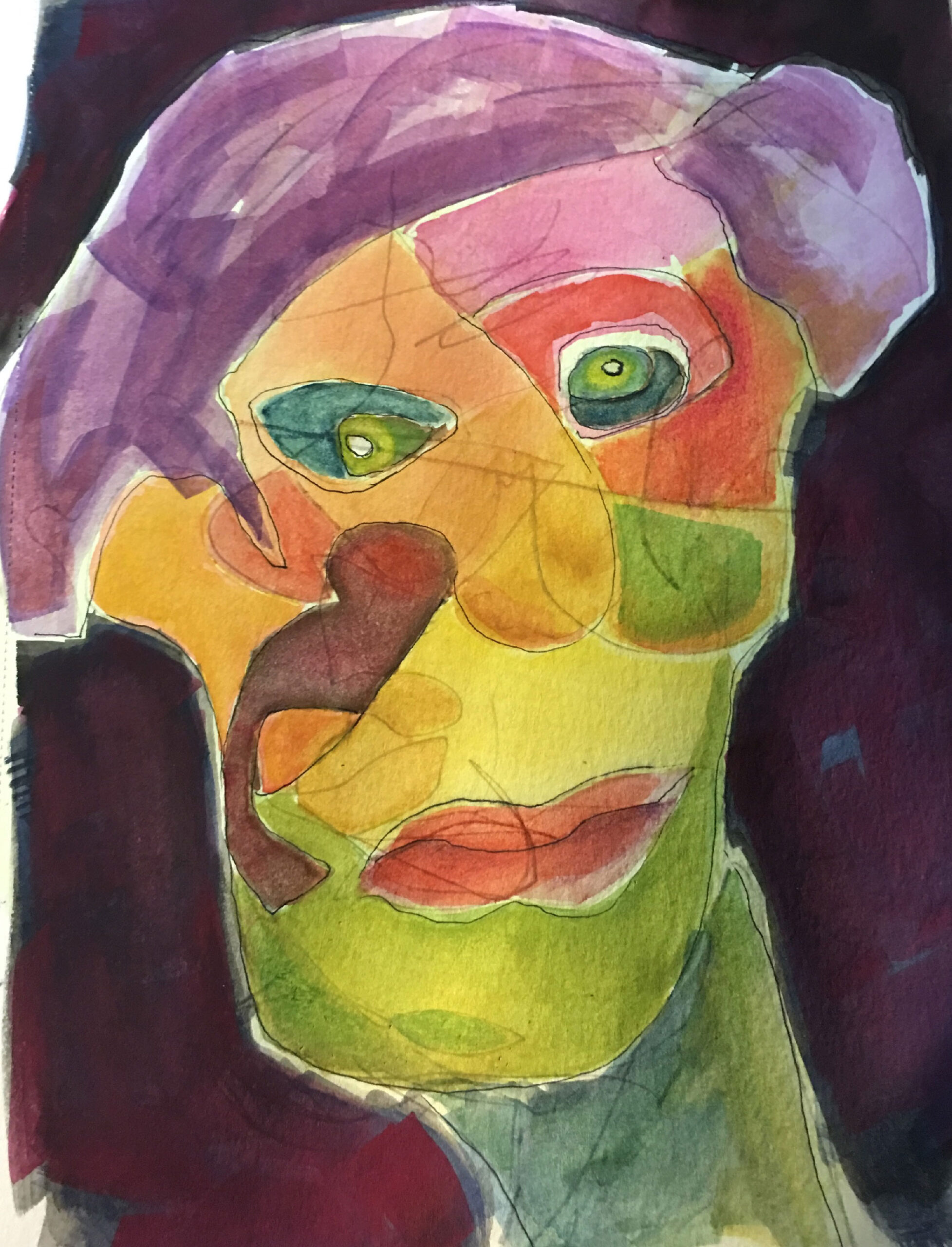 Colourful watercolour and pencil sketch portrait
